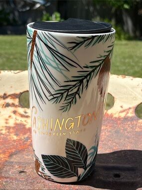 Starbucks 2021 White Ceramic Travel Mug w/ WA State Graphics and Gold Lettering